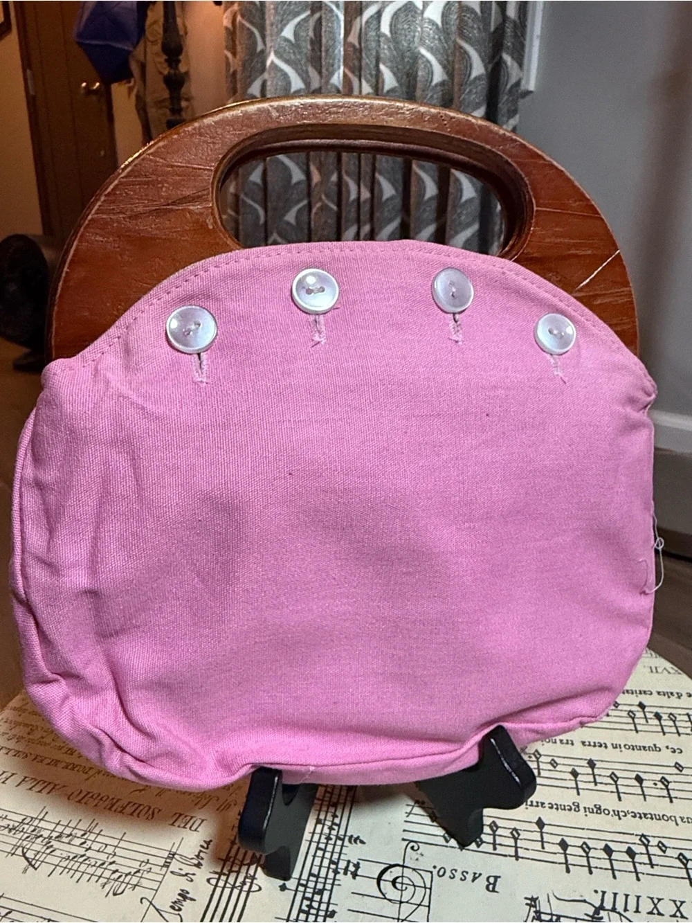 VTG Handmade Wooden Handle Pouch Bag Pink Canvas Red Wool Embroidered Whale